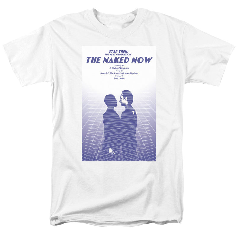White short-sleeved t-shirt featuring a Star Trek: The Next Generation poster with the text 'The Naked Now' in blue above silhouettes.