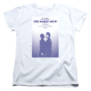 White t-shirt with purple grid poster reading 'STAR TREK' and 'THE NAKED NOW' over two silhouettes