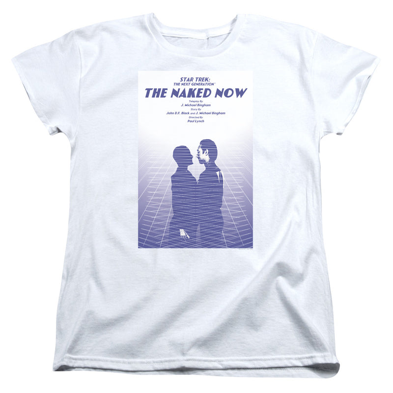 White t-shirt with purple grid poster reading 'STAR TREK' and 'THE NAKED NOW' over two silhouettes