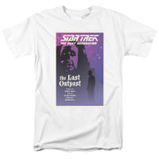 White short-sleeved t-shirt featuring a Star Trek poster with the text 'The Last Outpost' in cream below a shadowed face and silhouetted figure.