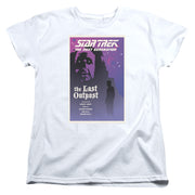 White women's t-shirt with 'Star Trek The Next Generation' 'the Last Outpost' poster of purple silhouettes