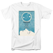 White tee with teal 'Star Trek: The Next Generation' 'Justice' poster graphic of a reclining face and starry sphere.