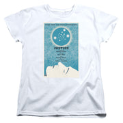 White women's tee with blue 'STAR TREK: THE NEXT GENERATION' 'JUSTICE' poster print and cream profile silhouette
