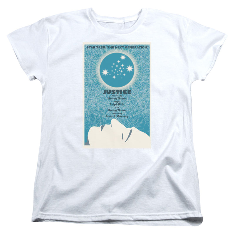 White women's tee with blue 'STAR TREK: THE NEXT GENERATION' 'JUSTICE' poster print and cream profile silhouette
