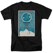 Black t-shirt with teal and cream 'Star Trek: The Next Generation' 'Justice' poster graphic showing a reclining figure.