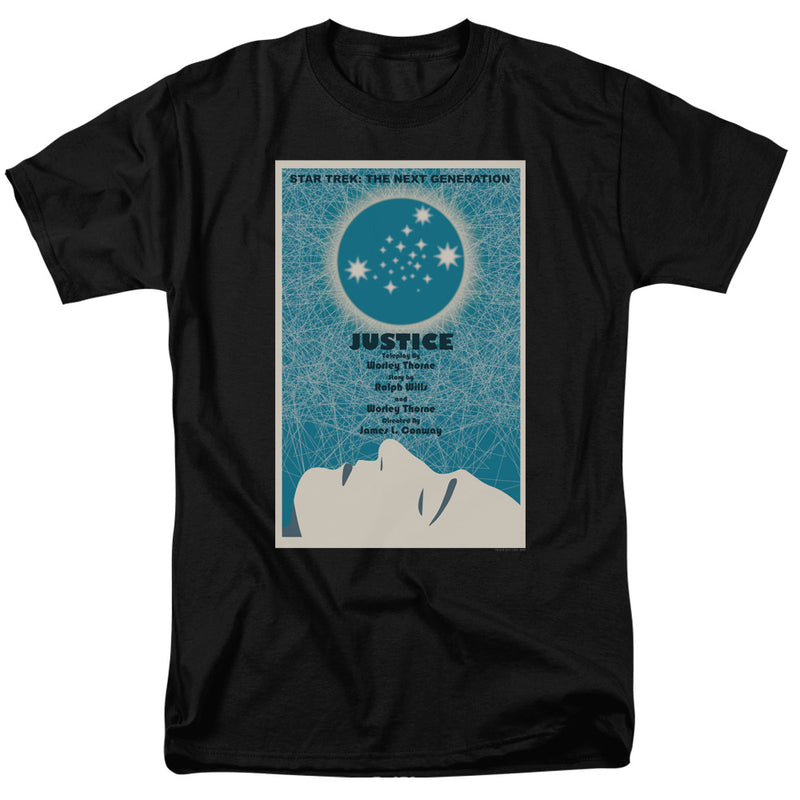Black t-shirt with teal and cream 'Star Trek: The Next Generation' 'Justice' poster graphic showing a reclining figure.