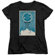 Black women's tee with teal 'Justice' Star Trek TNG poster graphic of stars in a sphere and a reclining figure
