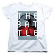 Women's fitted white t-shirt with the same Star Trek: The Next Generation 'The Battle' poster print.