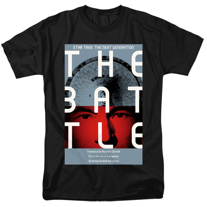 Black t-shirt with 'Star Trek: The Next Generation' poster reading 'THE BATTLE', showing a starship and a red-tinted face