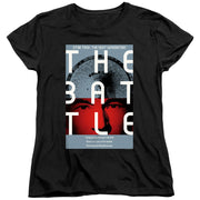 Black women's tee with 'Star Trek: The Next Generation' poster graphic: starship and man's face on red, titled 'The Battle'