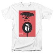 White short-sleeved t-shirt featuring a red Star Trek: The Next Generation poster with a black Enterprise-D and eye, with the text 'Hide and' in black