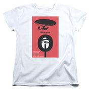 White women's t-shirt with red Star Trek poster graphic: starship above 'Hide and' and a black circle with an eye