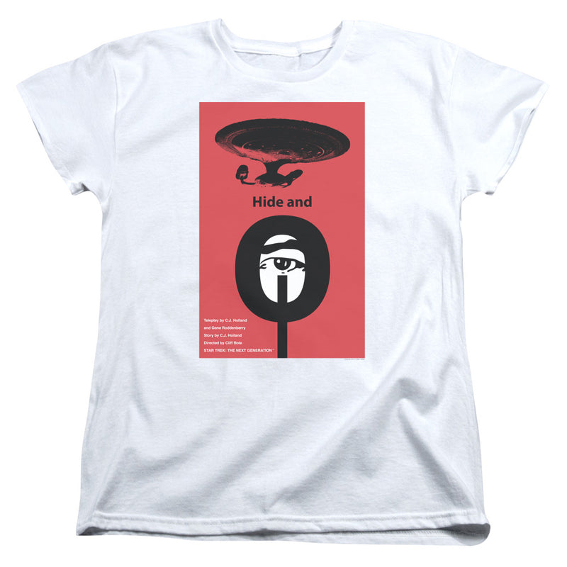 White women's t-shirt with red Star Trek poster graphic: starship above 'Hide and' and a black circle with an eye