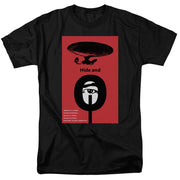 Black t-shirt with red poster graphic: black starship silhouette above 'Hide and' and a black circle with a white eye.