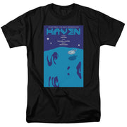 Black t-shirt with blue 'HAVEN' Star Trek: The Next Generation poster graphic showing a starship above a planet.