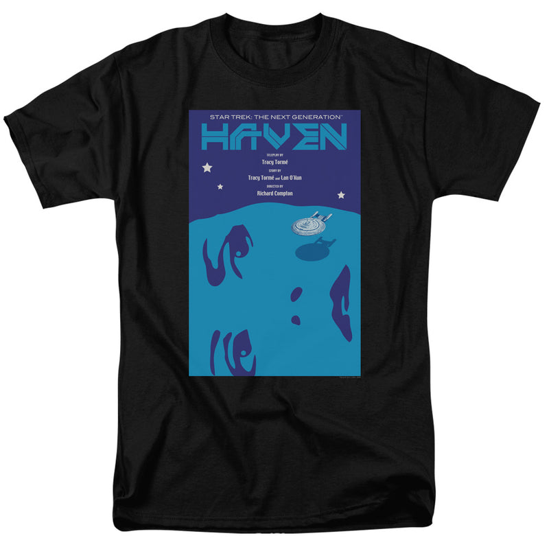 Black t-shirt with blue 'HAVEN' Star Trek: The Next Generation poster graphic showing a starship above a planet.