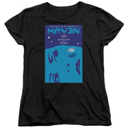 Black women's t-shirt with blue 'HAVEN' Star Trek: The Next Generation poster graphic of the Enterprise over a planet.