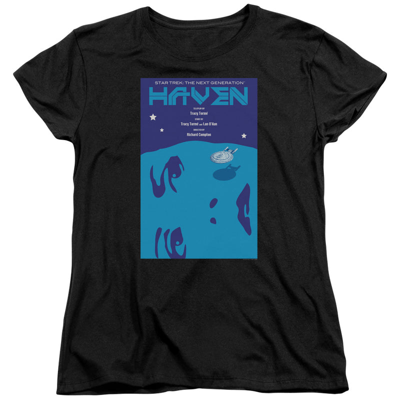 Black women's t-shirt with blue 'HAVEN' Star Trek: The Next Generation poster graphic of the Enterprise over a planet.