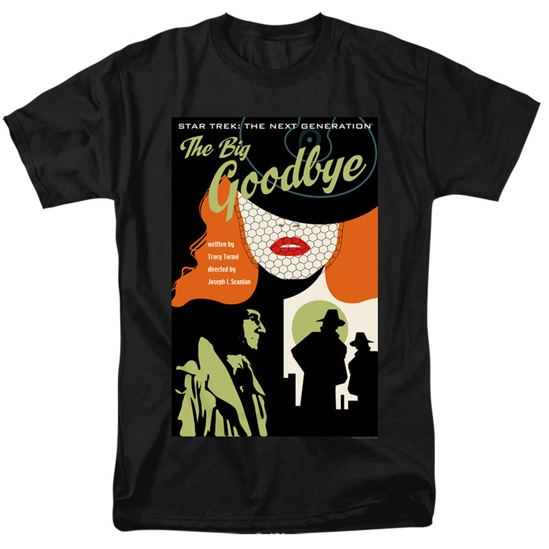 Black tee with 'Star Trek: The Next Generation' poster graphic, green 'The Big Goodbye' title, and woman with red lips.