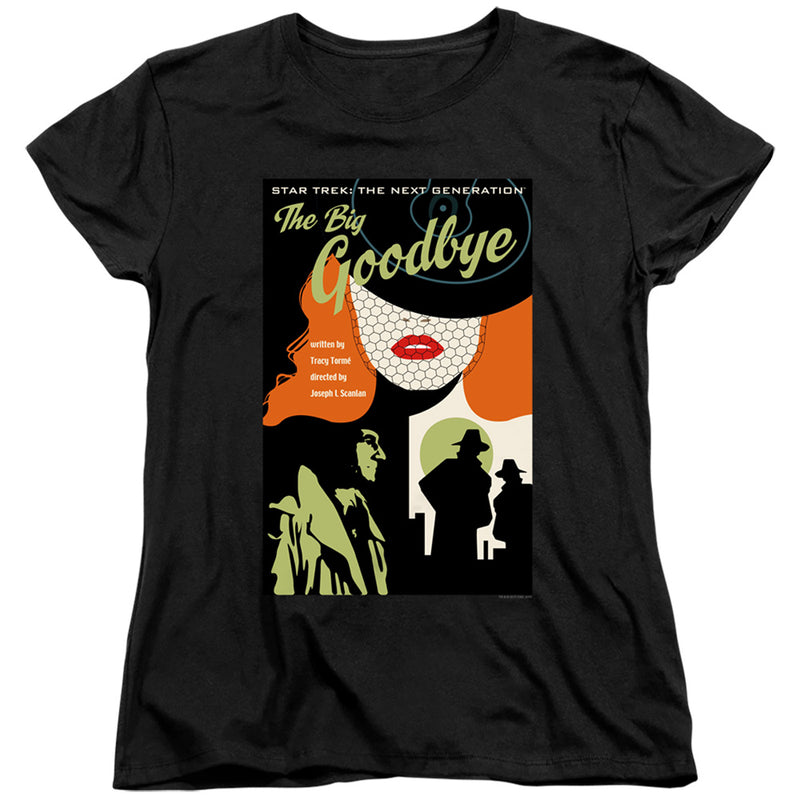 Women's cut of the black Star Trek: The Next Generation t-shirt, showing the same noir poster design for The Big Goodbye.