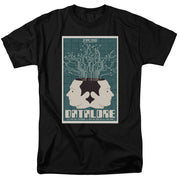 Black t-shirt with teal Star Trek poster graphic showing two pale back-to-back faces, circuit lines, and the title 'DATALORE'