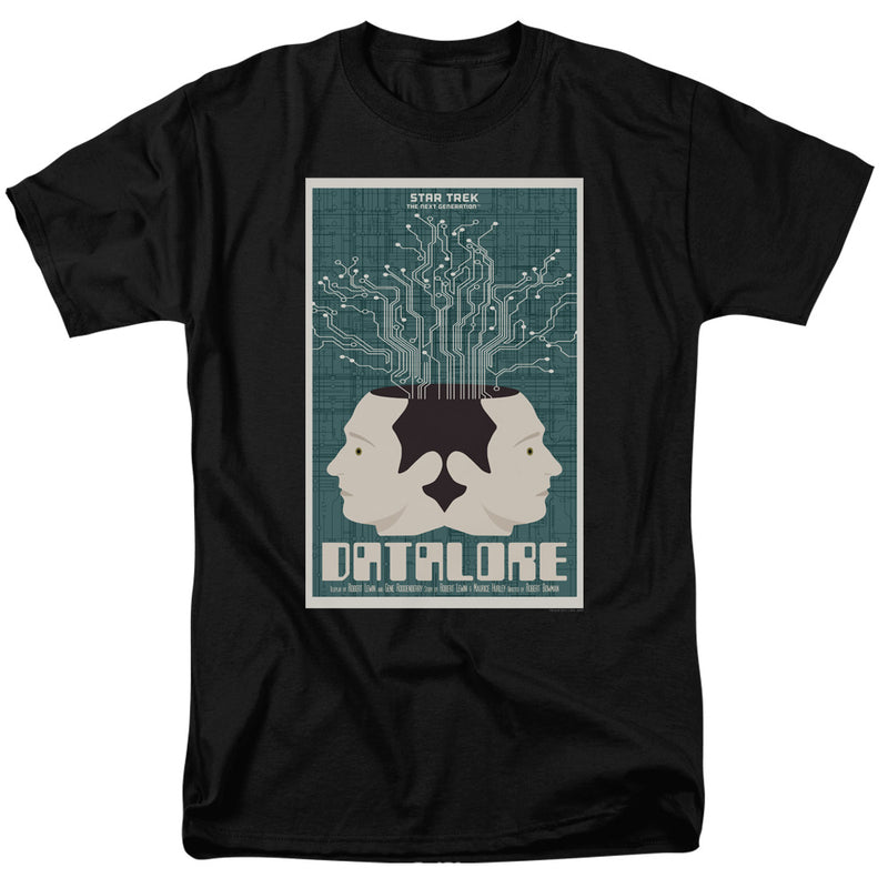 Black t-shirt with teal Star Trek poster graphic showing two pale back-to-back faces, circuit lines, and the title 'DATALORE'