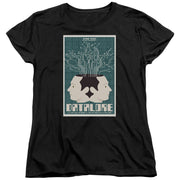 Black women's t-shirt with teal 'Datalore' poster print of two back-to-back faces and circuit lines, 'STAR TREK' above