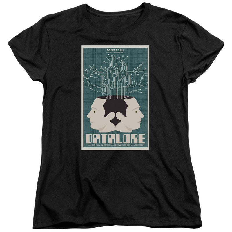 Black women's t-shirt with teal 'Datalore' poster print of two back-to-back faces and circuit lines, 'STAR TREK' above