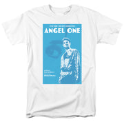 White t-shirt with blue poster graphic reading 'Star Trek: The Next Generation' and 'Angel One' over a figure in a robe