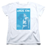 Women's fitted cut of the white t-shirt showing the same blue Angel One poster graphic with the text 'ANGEL ONE' in white.