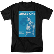 Black t-shirt with blue poster graphic reading 'ANGEL ONE' and 'STAR TREK: THE NEXT GENERATION', showing a robed figure