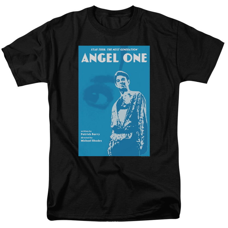 Black t-shirt with blue poster graphic reading 'ANGEL ONE' and 'STAR TREK: THE NEXT GENERATION', showing a robed figure