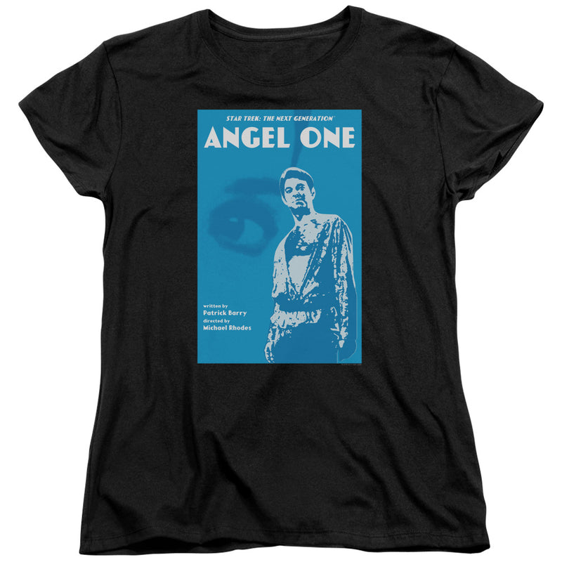 Black women's t-shirt with blue 'Angel One' Star Trek: The Next Generation episode poster graphic showing a man in a loose robe