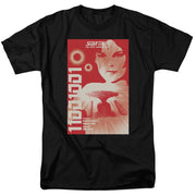 Black t-shirt with red Star Trek: The Next Generation poster showing a woman's face and starship, 'written by Maurice Hurley'
