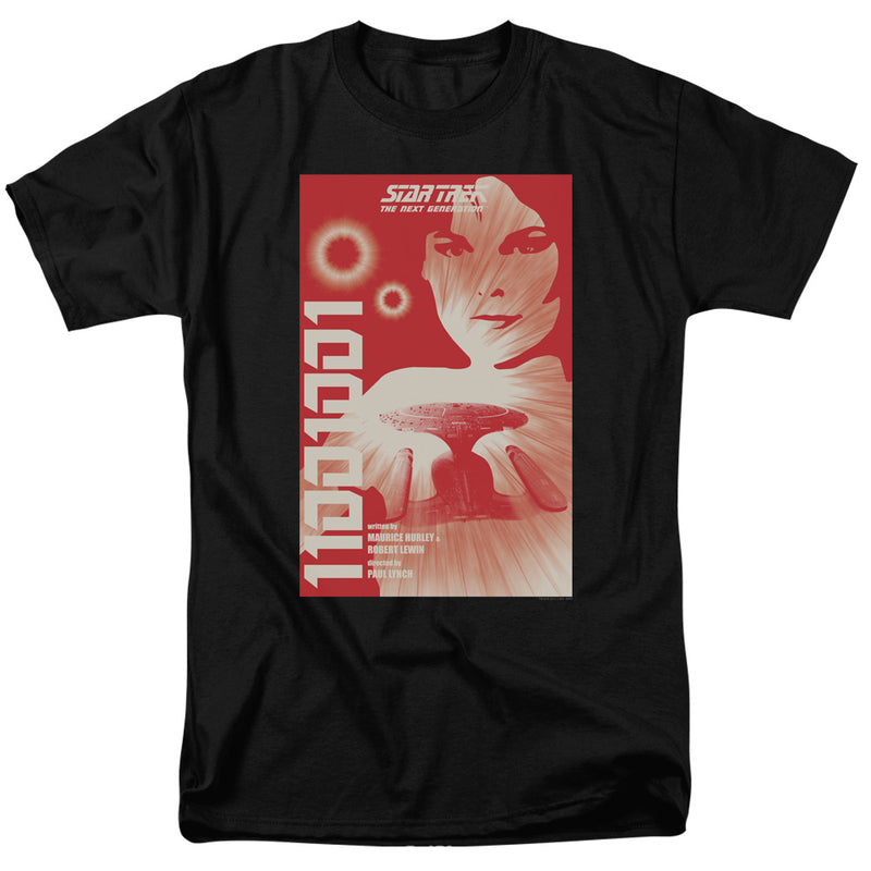 Black t-shirt with red Star Trek: The Next Generation poster showing a woman's face and starship, 'written by Maurice Hurley'