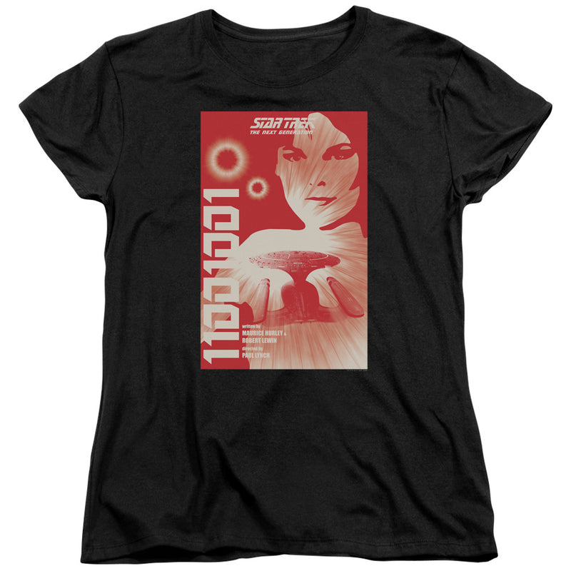 Black women's tee with red 'Star Trek The Next Generation' poster graphic, '11001001' text, and Enterprise-D ship