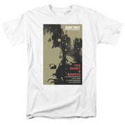 White tee with Star Trek TNG poster print: black smoke-like profile, starship, and red 'Too Short a Season' title