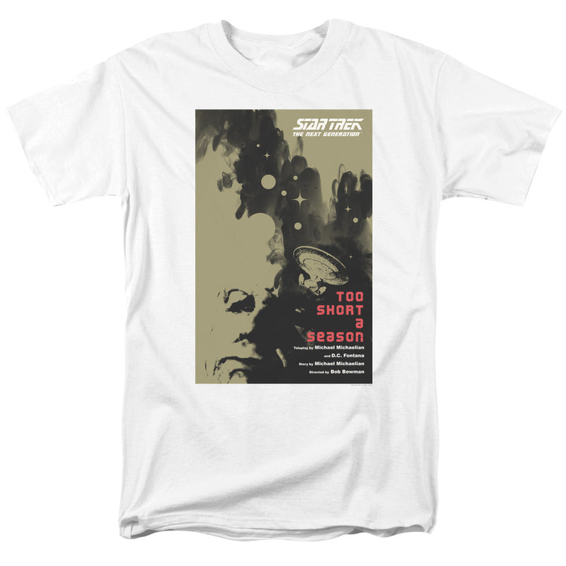 White tee with Star Trek TNG poster print: black smoke-like profile, starship, and red 'Too Short a Season' title