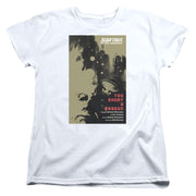 Women's fitted cut of the white t-shirt showing the same Too Short a Season poster design.