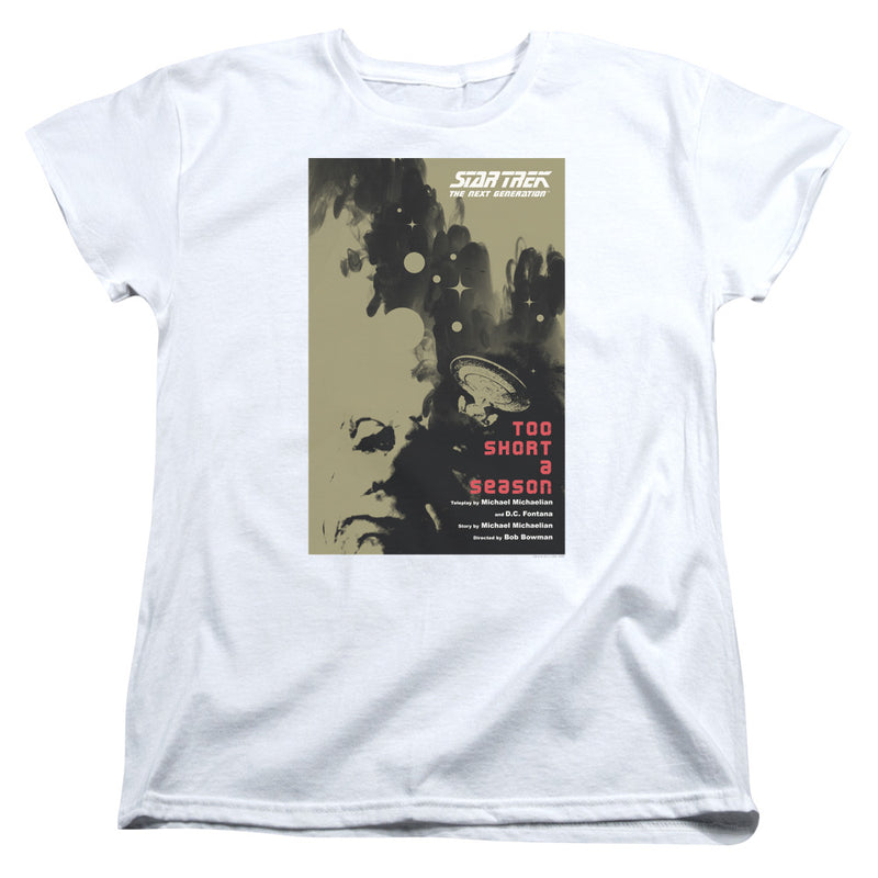 Women's fitted cut of the white t-shirt showing the same Too Short a Season poster design.