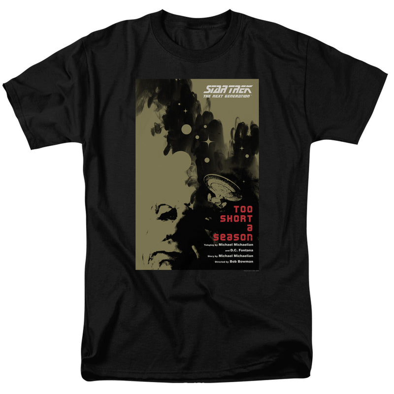Black t-shirt featuring a Star Trek TNG poster with a starship, with the text 'Too Short a Season' in red.