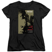 Women's fit black t-shirt showing the same Star Trek: The Next Generation 'Too Short a Season' poster design, with the title in red on the right.
