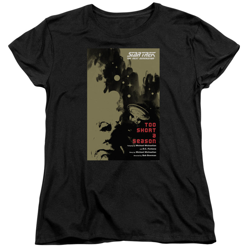Women's fit black t-shirt showing the same Star Trek: The Next Generation 'Too Short a Season' poster design, with the title in red on the right.