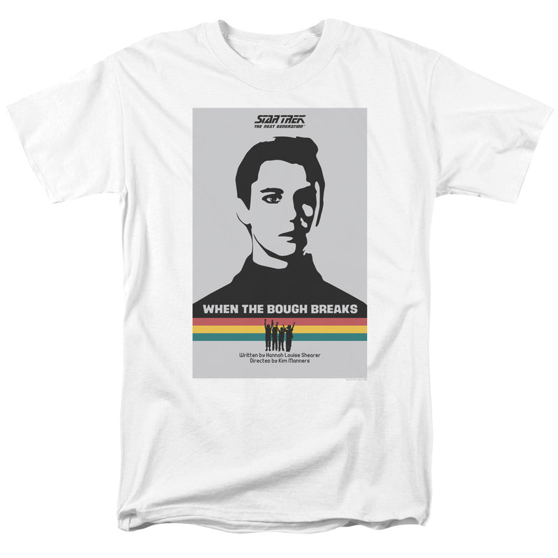 White tee with gray poster: black-and-white portrait, 'WHEN THE BOUGH BREAKS', and red, orange, yellow, teal stripes.