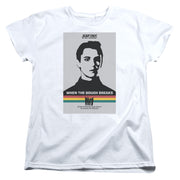 Women's fit of the white Star Trek TNG poster t-shirt with the text 'WHEN THE BOUGH BREAKS' in white.