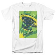 White t-shirt with a green and yellow pop-art print of the Enterprise-D starship and 'STAR TREK THE NEXT GENERATION' logo, plus 'HOME SOIL' text.
