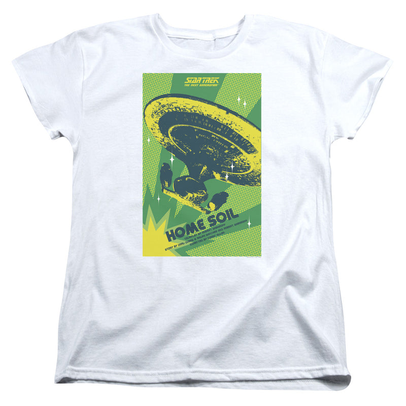 Women's fitted cut of the white Star Trek Home Soil t-shirt, showing the same retro Enterprise-D poster design.
