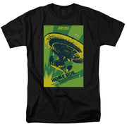 Black t-shirt with green poster of starship Enterprise-D, printed 'Star Trek The Next Generation' and 'Home Soil'.