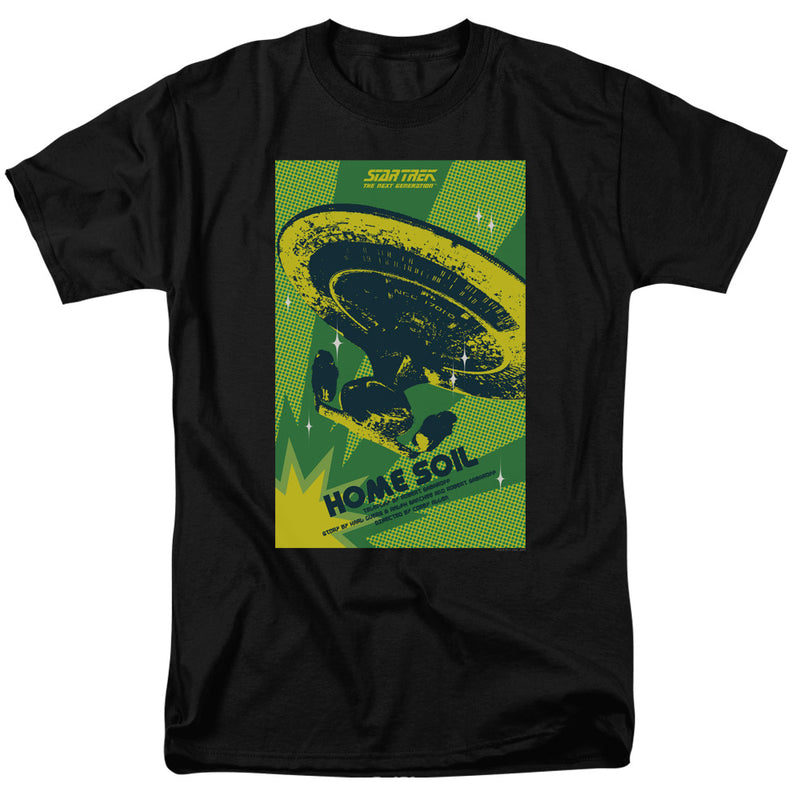 Black t-shirt with green poster of starship Enterprise-D, printed 'Star Trek The Next Generation' and 'Home Soil'.