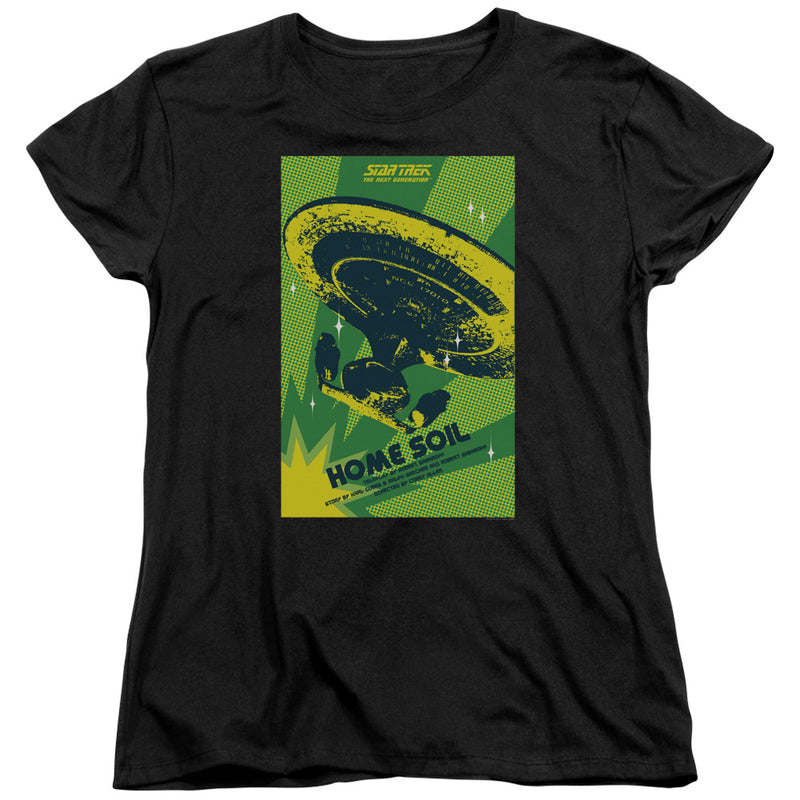 Women's-cut version of the black Star Trek TNG t-shirt, showing the same green Enterprise-D poster with 'Home Soil' in navy.